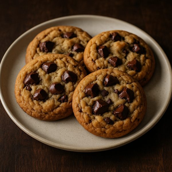 Vier ofenfrische Chocolate Chip Cookies